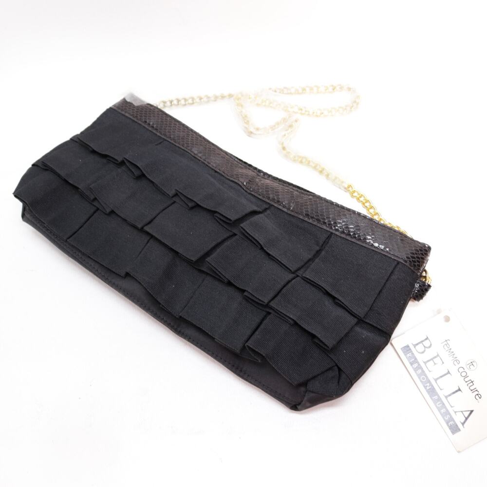 Bella Ribbon Femme Couture Handbag S Black Clutch Gold Tone Purse Bag